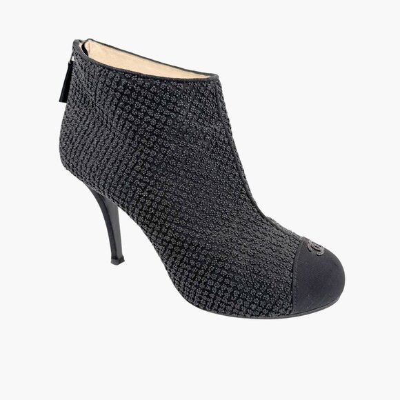 Chanel CC Cap Toe Ankle Booties Size 38.5 US 7.5-8 Black Beaded High Heel Boot - Picture 10 of 16